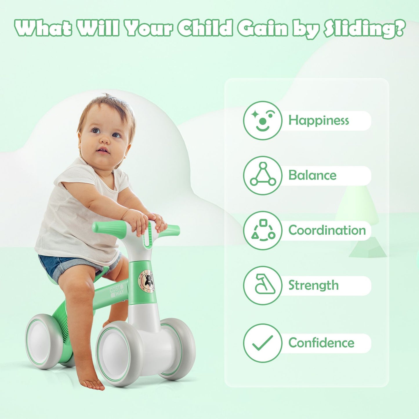 Cute Baby Balance Bike 4 Wheels with Steering Handlebars No Pedal