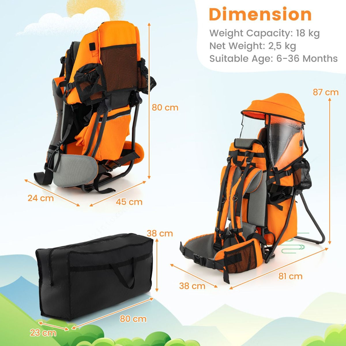 Child Carrier Backpack with Detachable Mouthwipes Removable Canopy and Storage Bag
