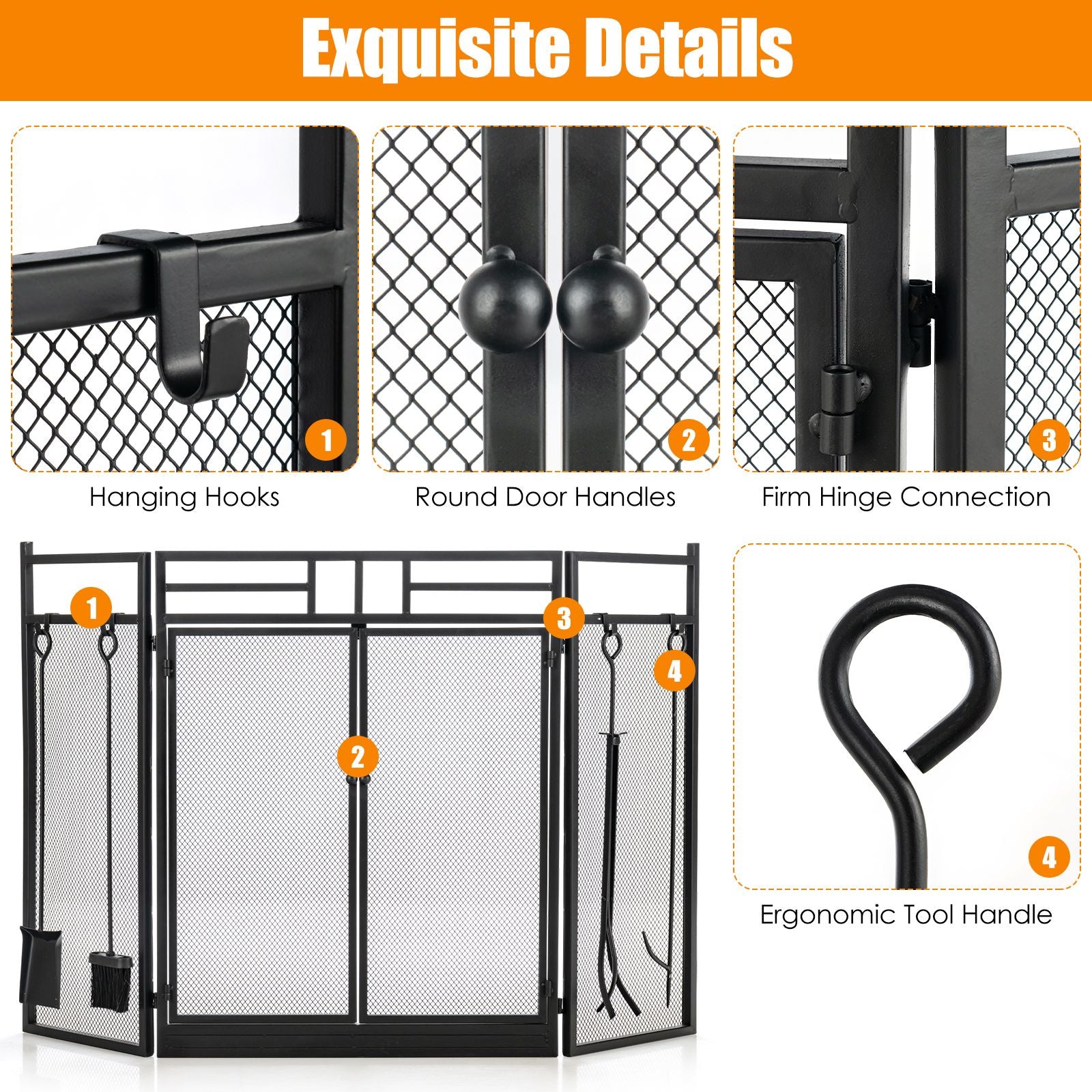 3-Panel Folding Fireplace Screen with Fireplace Tools Set