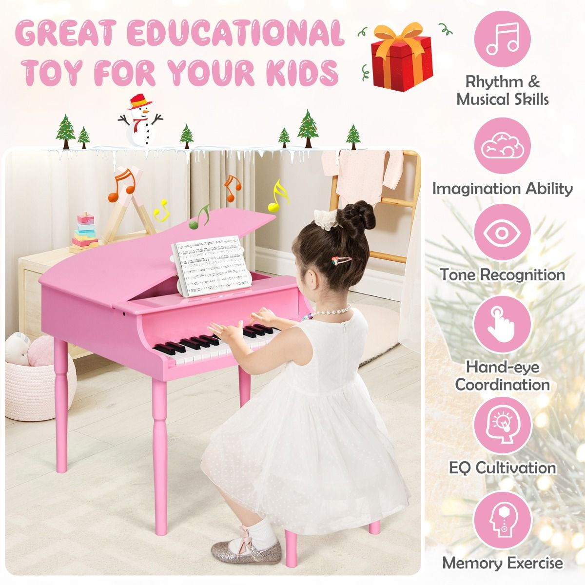 30-Key Classical Learn-To-Play Musical Instrument Toy with Music Stand and Solid Wood Legs