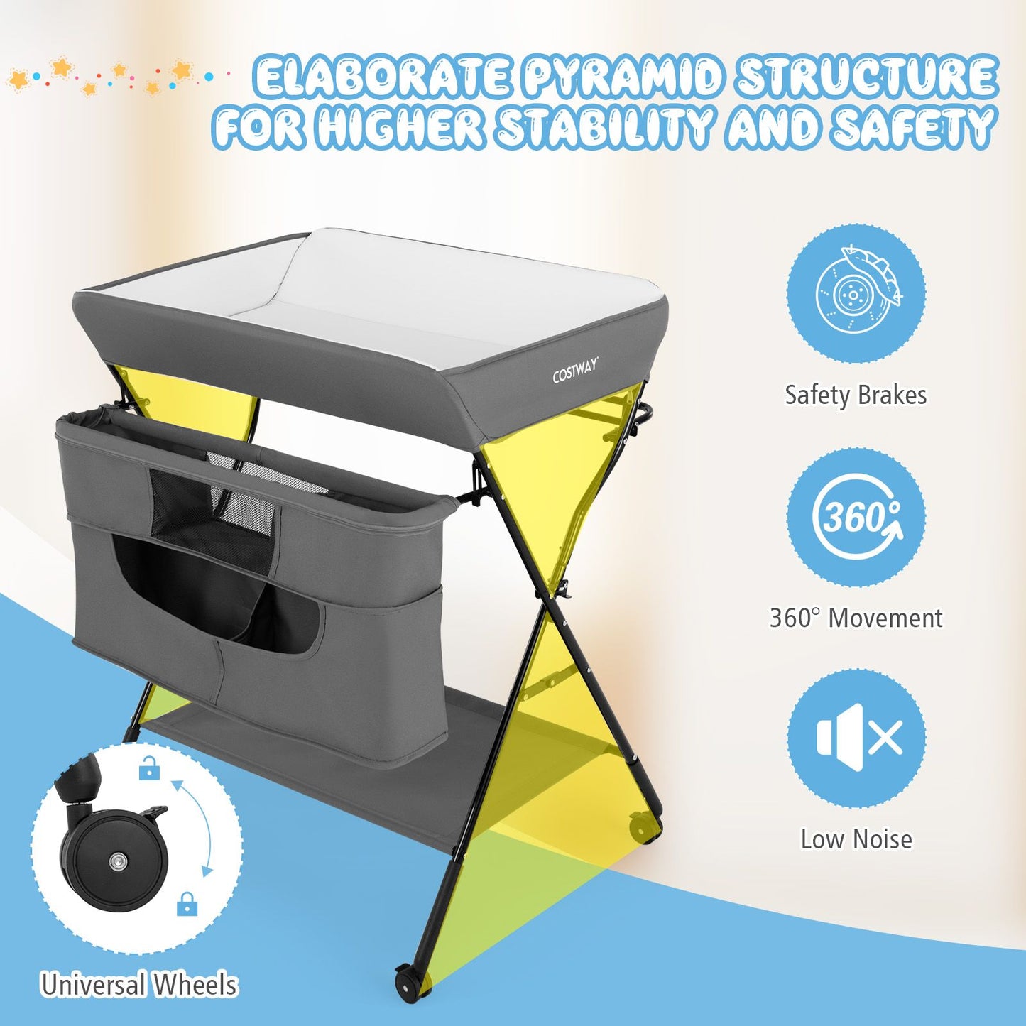 Folding Changing Table with 4-Level Adjustable Height and Wheels